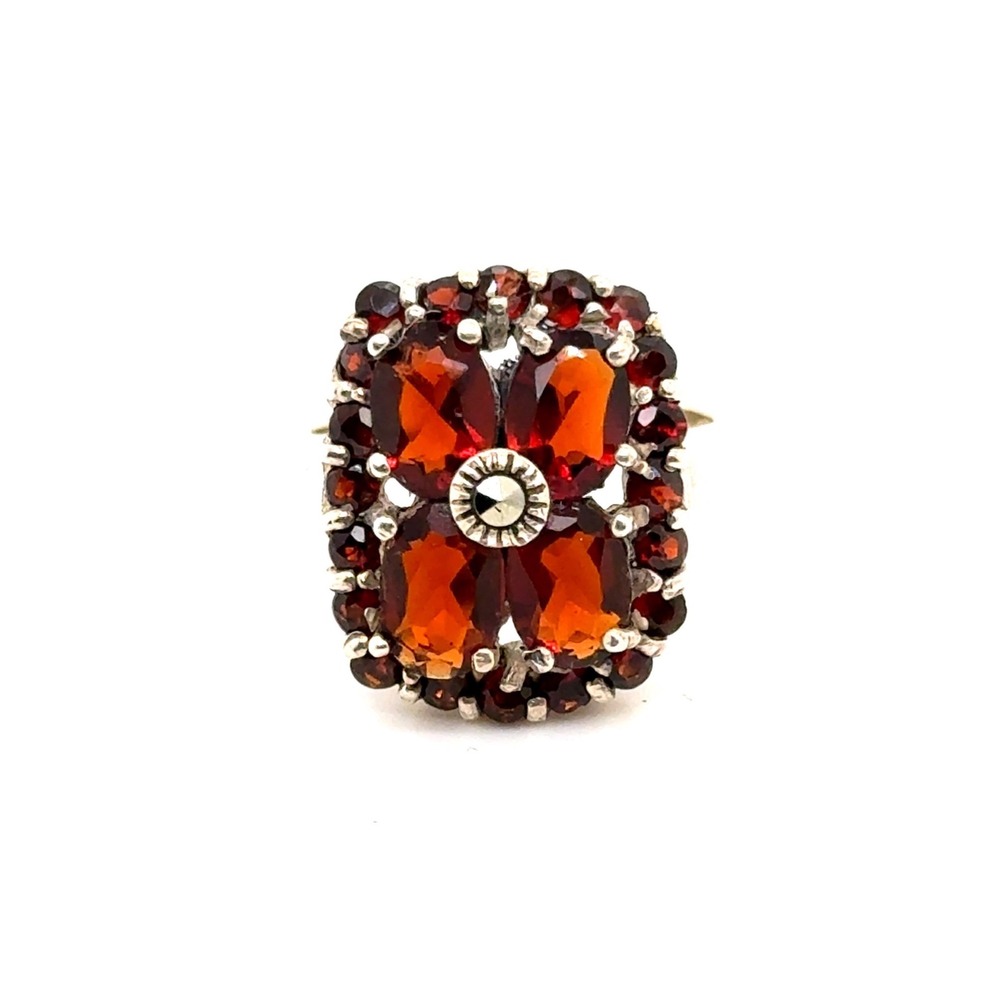 Vintage Sterling Silver Garnet Marcasite Cluster Statement Ring Size 7 5.8g